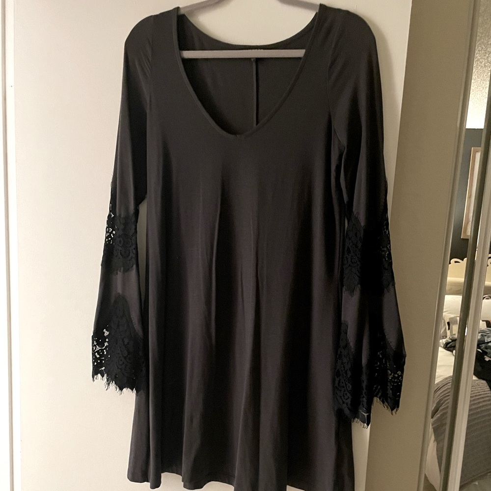 Express Charcoal Lace Bell Sleeve Skater Dress